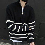 FOESCE IEFB Loose Mock Neck Male Sweater Stripe Half Zipper Zipper Knitting Pullovers Casual New Trendy Men Clothing  Autumn Top 9C8927