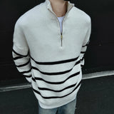 FOESCE IEFB Loose Mock Neck Male Sweater Stripe Half Zipper Zipper Knitting Pullovers Casual New Trendy Men Clothing  Autumn Top 9C8927