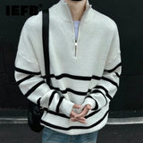 FOESCE IEFB Loose Mock Neck Male Sweater Stripe Half Zipper Zipper Knitting Pullovers Casual New Trendy Men Clothing  Autumn Top 9C8927