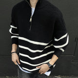 FOESCE IEFB Loose Mock Neck Male Sweater Stripe Half Zipper Zipper Knitting Pullovers Casual New Trendy Men Clothing  Autumn Top 9C8927