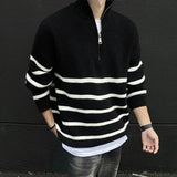 FOESCE IEFB Loose Mock Neck Male Sweater Stripe Half Zipper Zipper Knitting Pullovers Casual New Trendy Men Clothing  Autumn Top 9C8927