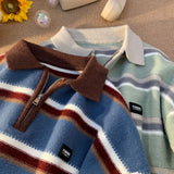 FOESCE Japan Men's Y2K Knitted Warm Polo Knit Striped Turtleneck Sweater Shirts Winter Streetwear Knitwear Korean Clothes Jumper Men