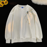 FOESCE Japanese Trend Sweatshirt Bamboo Leaf Pattern Sweatshirt Relaxed Casual Pullover Sweatshirts Round Neck Long Sleeve Top