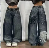 FOESCE Jeans New Mens Harajuku Retro Hip Hop Cartoon Embroidery Baggy Jeans denim Pants 2000s Street Gothic Wide Trousers Streetwear