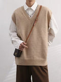 FOESCE Knitted Sweaters for Men Plain Man Clothes Vest Sleeveless Solid Color V Neck Waistcoat Cigaret A Street Korean 2025 Autumn Tops