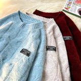 FOESCE Korean Twist Jumper Patch Design Pullover Knitted Jumper Winter New Loose Round Neck Knitwear