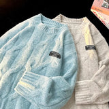 FOESCE Korean Twist Jumper Patch Design Pullover Knitted Jumper Winter New Loose Round Neck Knitwear