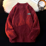 FOESCE Korean Twist Jumper Patch Design Pullover Knitted Jumper Winter New Loose Round Neck Knitwear