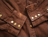 FOESCE Long Men's Denim Shirt Sleeves Regular Fit Washed Embroidery Brown Western Cowboy Safari Style Vintage Designer Clothing