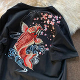 Lovers Embroidered Koi Fish Summer T-shirt 2023 New Men Cotton T Shirt Students Casual Tee Short Sleeves Top Loose T-shirt 4XL