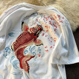 Lovers Embroidered Koi Fish Summer T-shirt 2023 New Men Cotton T Shirt Students Casual Tee Short Sleeves Top Loose T-shirt 4XL