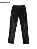 FOESCE Mauroicardi Spring Autumn Cool Black Pu Leather Pants Men with Many Zippers Belt Luxury Designer Clothing Trousers Fashions 2024