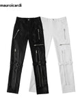 FOESCE Mauroicardi Spring Autumn Cool Black Pu Leather Pants Men with Many Zippers Belt Luxury Designer Clothing Trousers Fashions 2024