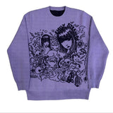 FOESCE Men Casual Sweater Streetwear Sweater Knitted Sweater Retro Painting Anime Demon Hip Hop Knitted Graphic Vintage Pullover