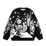 FOESCE Men Casual Sweater Streetwear Sweater Knitted Sweater Retro Painting Anime Demon Hip Hop Knitted Graphic Vintage Pullover