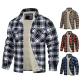 FOESCE Men Fall Winter Jacket Plaid Print Lapel Soft Plush Long Sleeve Single-breasted Loose Thickened Casual Mid Length Men Coat