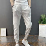 FOESCE Men Harem Pants Striped Drawstring Elastic Waist Slim Fit Streetwear Spring Autumn Stretch Ankle Tied Pencil Pants for Daily