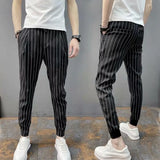 FOESCE Men Harem Pants Striped Drawstring Elastic Waist Slim Fit Streetwear Spring Autumn Stretch Ankle Tied Pencil Pants for Daily