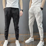 FOESCE Men Harem Pants Striped Drawstring Elastic Waist Slim Fit Streetwear Spring Autumn Stretch Ankle Tied Pencil Pants for Daily