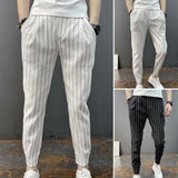 FOESCE Men Harem Pants Striped Drawstring Elastic Waist Slim Fit Streetwear Spring Autumn Stretch Ankle Tied Pencil Pants for Daily