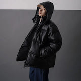 FOESCE Men Japanese Streetwear Leather Puffer Jacket Mens Hip Hop Black Winter Bubble Jackets Coats Couple Korean Parka