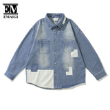 FOESCE Men Loose Casual Splice Denim Cargo Shirt Coat Male Japan Streetwear Fashion Vintage Long Sleeve Shirts Jacket