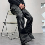 FOESCE Men Streetwear Fashion Hip Hop Punk Gothic Vibe Casual Leather Bell-bottoms Pant Man Boyfriend Flared Trousers