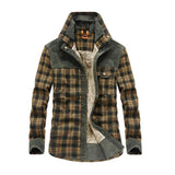 FOESCE Men Winter Shirts Jackets Hooded Lapel Long Sleeve Plaid Pockets Single Breasted Coat Thickened Fleece Lining Cotton Outerwear