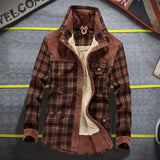 FOESCE Men Winter Shirts Jackets Hooded Lapel Long Sleeve Plaid Pockets Single Breasted Coat Thickened Fleece Lining Cotton Outerwear