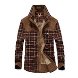 FOESCE Men Winter Shirts Jackets Hooded Lapel Long Sleeve Plaid Pockets Single Breasted Coat Thickened Fleece Lining Cotton Outerwear