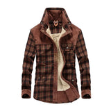 FOESCE Men Winter Shirts Jackets Hooded Lapel Long Sleeve Plaid Pockets Single Breasted Coat Thickened Fleece Lining Cotton Outerwear