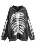 FOESCE Men and Women's Zip-up Skull Print Hoodies, Long Sleeve Sweatshirts, Round Neck, Vintage Dark Clothing, High Street, All-Match