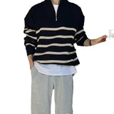 FOESCE Men's Autumn Winter Knitted Top Long Sleeve Lapel Loose-fit Vintage Casual Half-zip Striped Shoulder Sweater