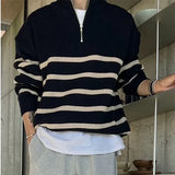 FOESCE Men's Autumn Winter Knitted Top Long Sleeve Lapel Loose-fit Vintage Casual Half-zip Striped Shoulder Sweater