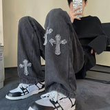 FOESCE Men's Baggy Jeans Fashion Loose Straight Jean Retro Cross Print Trousers Hip Hop Pants 2025 Male Streetwear Y2k Clothings