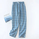 FOESCE Men's Cotton Gauze Trousers Plaid Knitted Sleep Pants Woman Pajamas Pants Bottoms Sleepwear Short for Couples Pijama Hombre