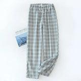 FOESCE Men's Cotton Gauze Trousers Plaid Knitted Sleep Pants Woman Pajamas Pants Bottoms Sleepwear Short for Couples Pijama Hombre