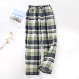 FOESCE Men's Cotton Gauze Trousers Plaid Knitted Sleep Pants Woman Pajamas Pants Bottoms Sleepwear Short for Couples Pijama Hombre