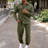 Men's Fashion Suit Autumn Winter Suede Casual Cargo Jacket Pants 2-piece Set  Multi-pocket Design