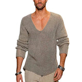 FOESCE Men's Sweater Long Sleeved V-neck Loose Fashionable and Casual Solid Color Knitted Pullover Mens Clothing