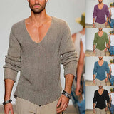 FOESCE Men's Sweater Long Sleeved V-neck Loose Fashionable and Casual Solid Color Knitted Pullover Mens Clothing