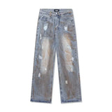 FOESCE Men's trousers summer thin tie-dyed ripped jeans men's loose straight washed distressed high street American men's trousers