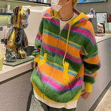 FOESCE Mens Street Y2k Colorful Striped Knitted Hooded Jacket Autumn Winter Genderless Korean Version Lazy Style Casual Sweater Unisex