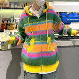 FOESCE Mens Street Y2k Colorful Striped Knitted Hooded Jacket Autumn Winter Genderless Korean Version Lazy Style Casual Sweater Unisex