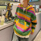 FOESCE Mens Street Y2k Colorful Striped Knitted Hooded Jacket Autumn Winter Genderless Korean Version Lazy Style Casual Sweater Unisex