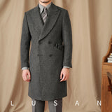 FOESCE Mr. Lu San British business retro plaid double-breasted long coat 80% wool Italian trendy men