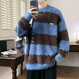 FOESCE New Fashion Men Streetwear Loose Pullovers Striped Knitted Sweaters Man O-neck Lazy Casual Sweaters Male Pullovers Clothing 4XL