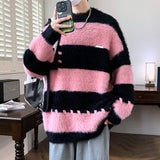 FOESCE New Fashion Men Streetwear Loose Pullovers Striped Knitted Sweaters Man O-neck Lazy Casual Sweaters Male Pullovers Clothing 4XL