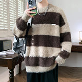 FOESCE New Fashion Men Streetwear Loose Pullovers Striped Knitted Sweaters Man O-neck Lazy Casual Sweaters Male Pullovers Clothing 4XL