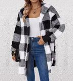 FOESCE New Fashionable Hooded Color-blocked Plaid Loose Ribbed Plush Elegant Jacket